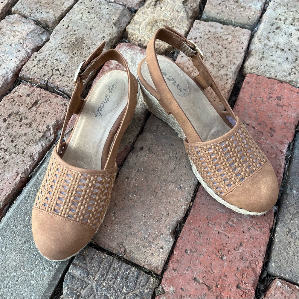 easy street Tan Woven Espadrille Slingback Wedges